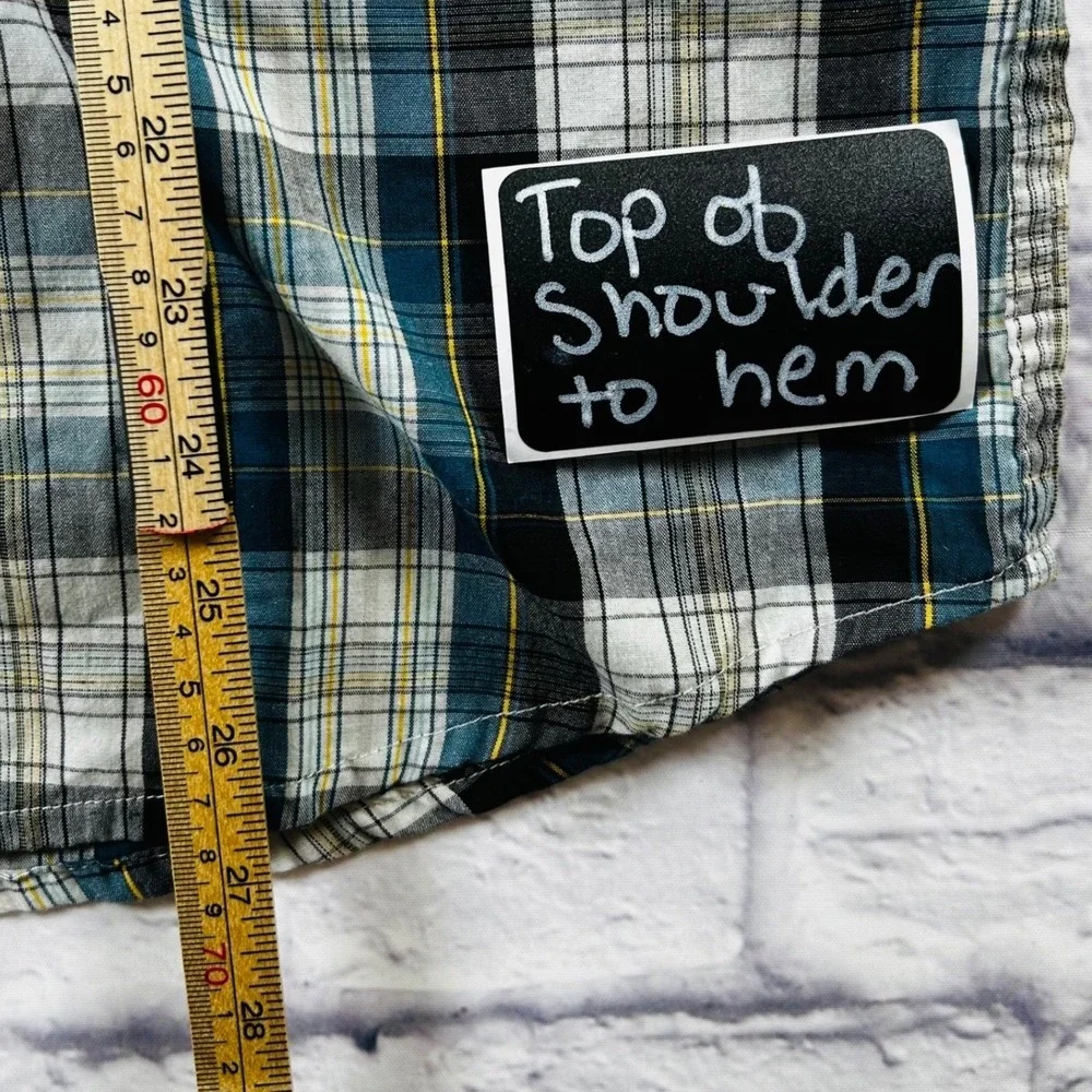 Levis Mens Small Western Pearl Snap Plaid Shirt Black Green White Long Sleeve
